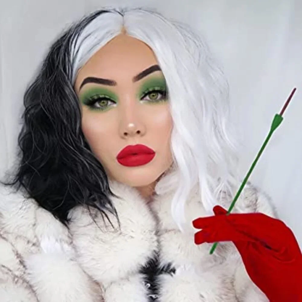 Black and White Cruella Deville Wig for Women Cruella Deville Costume Short Curl